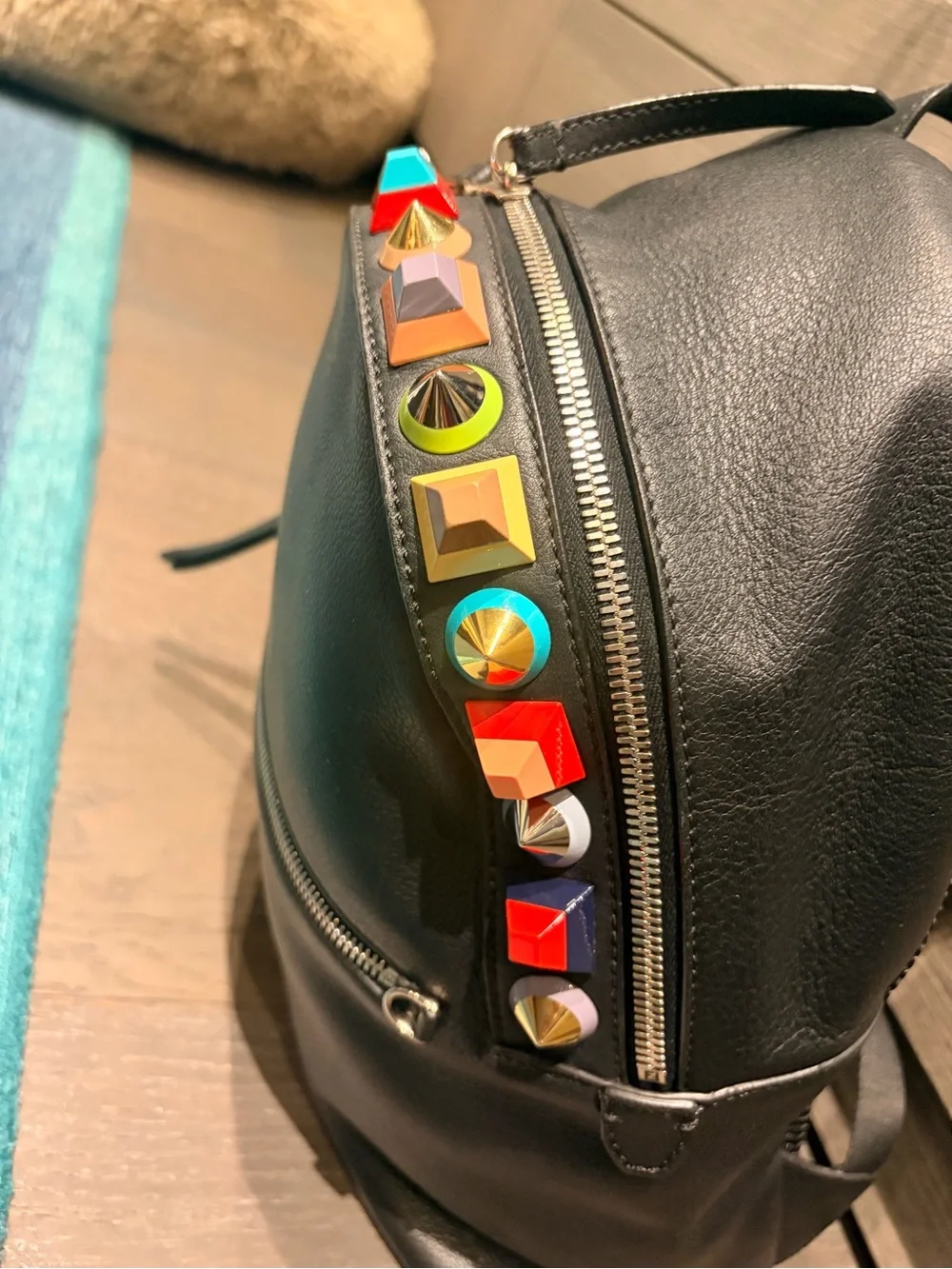 Fendi “Rainbow” Studded Leather Backpack – Black with Multicolor Studs